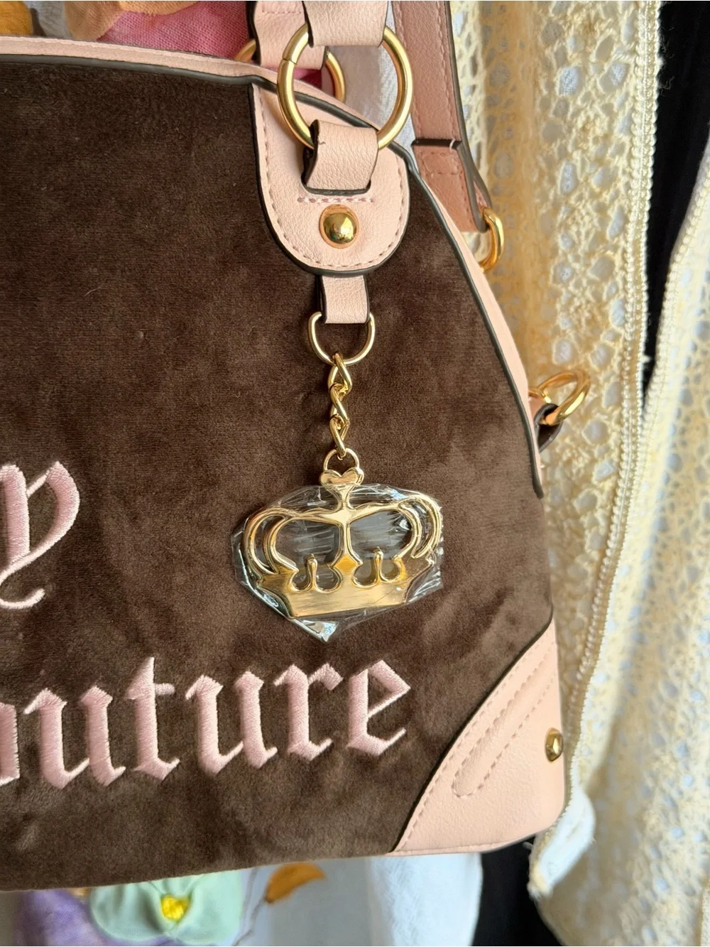 Juicy Couture Pink and Brown Logo Dome Satchel with Crown Charm NWT Free Make up